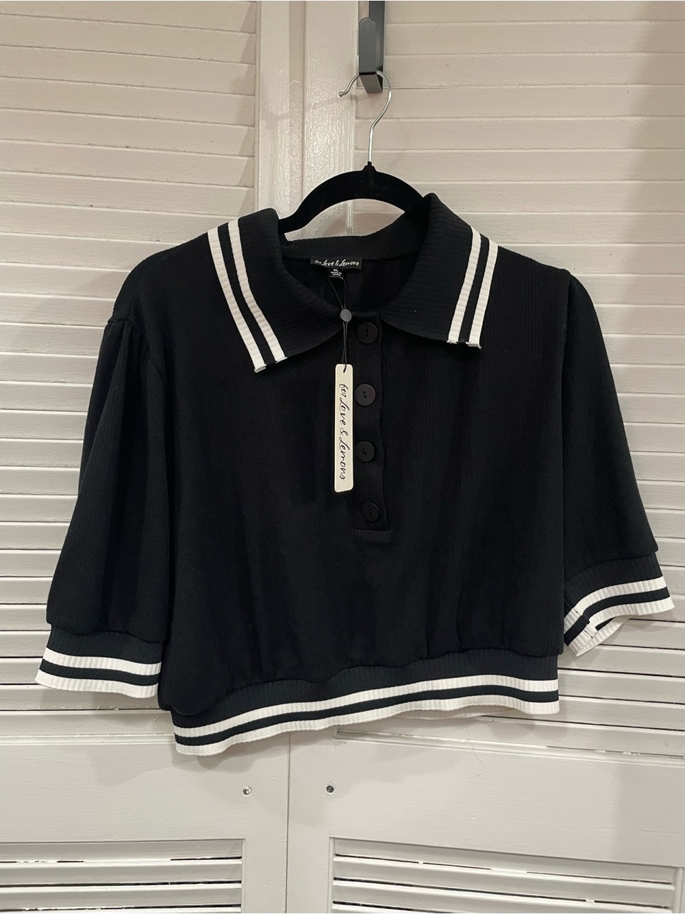 NWT For Love & Lemons Black Polo crop with White Striped Trim